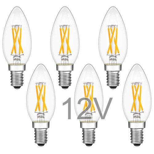 TOKCON 12 Volt LED Candelabra Light Bulbs - Soft Warm White 2700K 4W(Only for 12V DC/AC) - E12 Small Base - 40W Equivalent Low Voltage Dimmable Torpedo Candle Bulb for RV, Landscape- 6 Pack