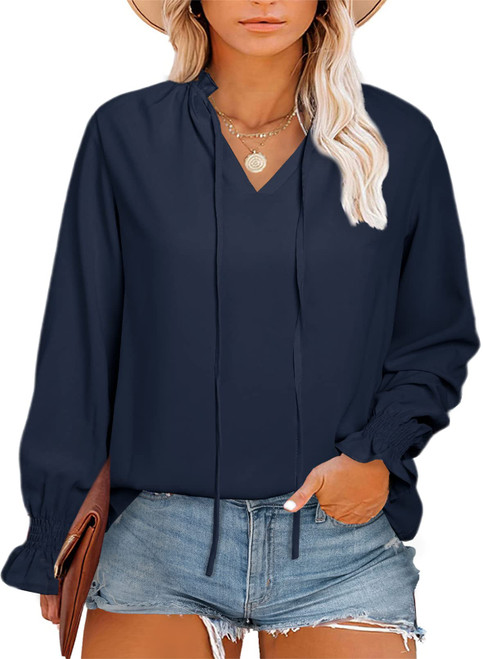 Eytino Women Plus Size Casual Solid V Neck Long Sleeve Drawstring Blouses Shirts Tops,1X Blue