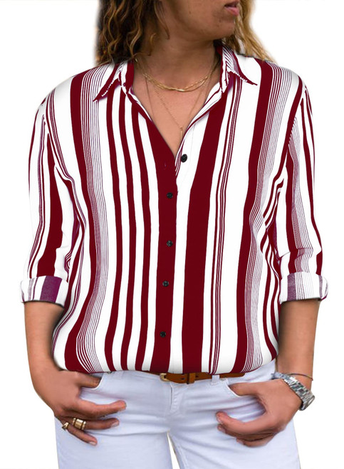 Eytino Women Plus Size Shirts Striped Roll Up Long Sleeve V Neck Button Down Casual Oversized Blouses Tops,1X Red