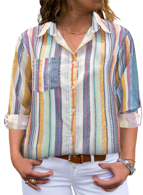 Eytino Women Plus Size Striped Shirts V Neck Button Down Roll Up Sleeve Loose Casual Blouses Tops,1X Orange