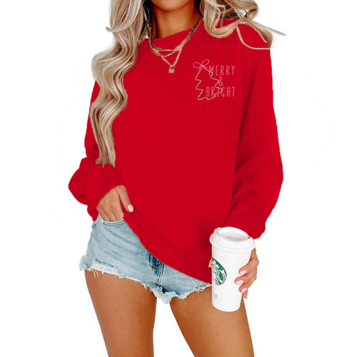 Merry and Bright Sweatshirts Women Merry Christmas Crewneck Pullover Tops Christmas Tree Embroidered Long Sleeve Top