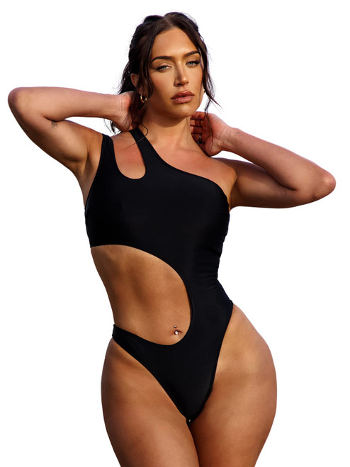 CUPSHE One Piece Swimsuit for Women One Shoulder Bathing Suits Cutout High Cut Swimwear M, Black