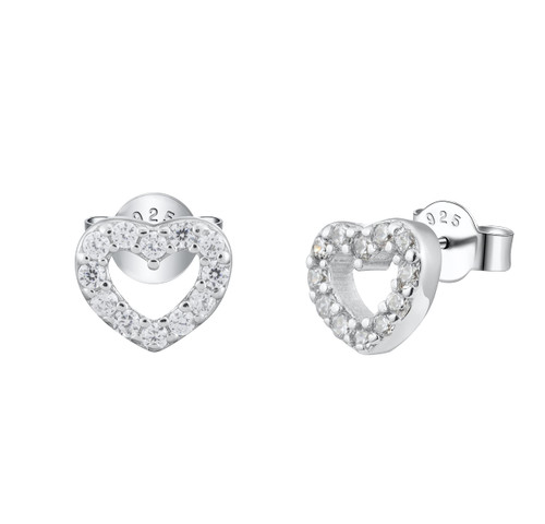 Open Heart Crystal Pave Stud Earrings in 925 Sterling Silver