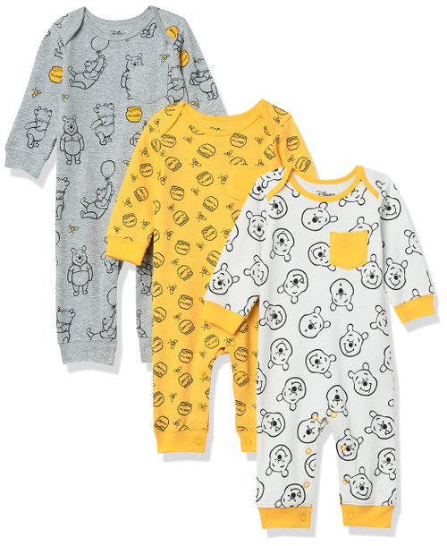 Amazon Essentials Disney | Marvel | Star Wars Unisex Babies' Cotton Coveralls, Pack of 3, Winnie The Pooh Oh Bother, 6-9 Months