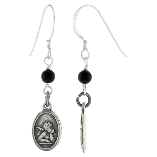 Sterling Silver Cherub Angel Earrings for Women Oval-shaped Black Onyx Beads, 1 11/16 inch tall
