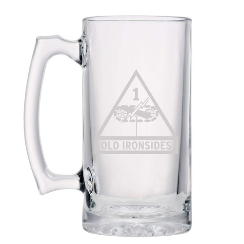 US Army - 1st Armored Division SSI - Old Ironsides Shoulder Sleeve Patch Etched Stein Glass 16oz. Mug