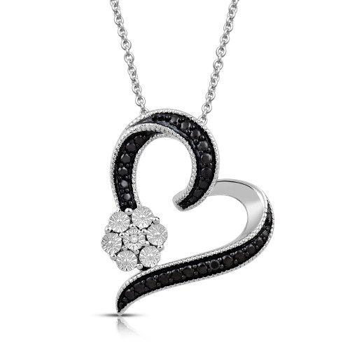 Jewelili Sterling Silver Treated Black and Natural White Round Diamond Accent Tilted Heart Pendant Necklace, 18" Rolo Chain