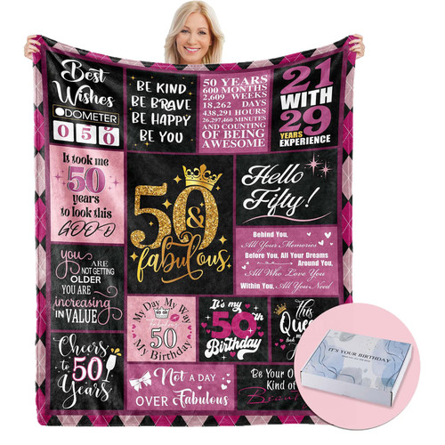 50 Birthday Gifts for Women, 50th Birthday Blanket with Gift Box, 50th Birthday Decorations Gift Ideas for Her, 50 Year Old Gifts for Women Turning 50 and Fabulous (Pink)
