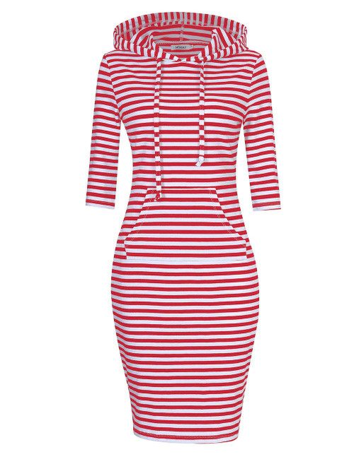 MISSKY Women Pullover Striped Pocket 3 4 Sleeve Dresses for Women (S,Red White)