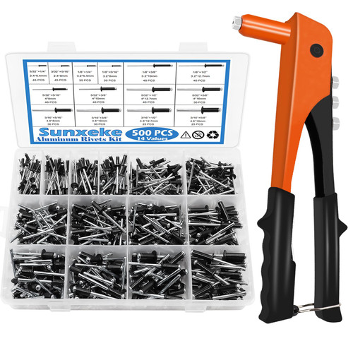 Sunxeke 500pcs Heavy Duty Hand Riveter Rivet Gun Tool & 500pcs Aluminum Blind Rivets Assortment Kit, 14 Sizes Pop Rivets Assortment Kit (Black)
