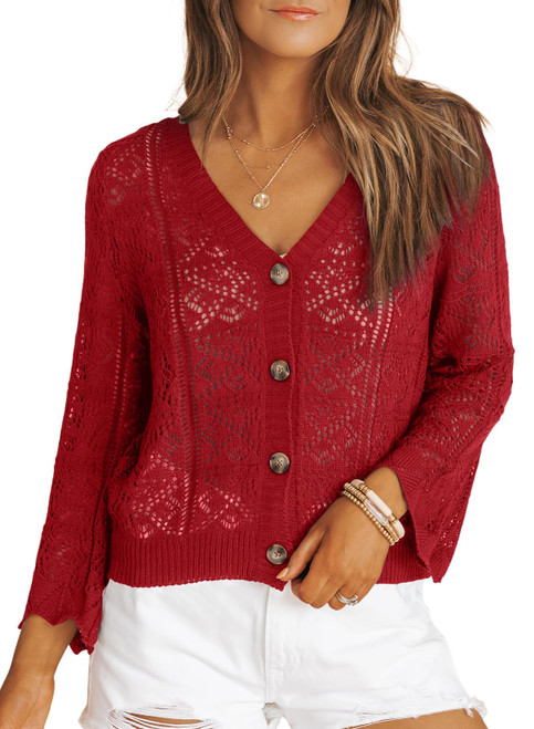 Dokotoo Cropped Cardigans for Women 2023 V Neck Button Down Lightweight Open Front Crochet Cardigan Sweater Jacket Long Sleeve Hollow-Out Casual Loose Bolero Sweater Red Shrugs Small