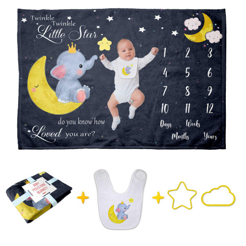 Pavo Baby Milestone Blanket - Baby Elephant Twinkle Little Star - Neutral Monthly Growth Chart Blanket - 60"x40" with Matching Bib & Frames - Best Shower Gift Set for Baby Stuff