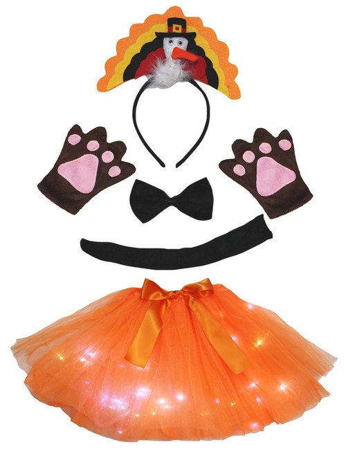 Petitebella Turkey Headband Bowtie Tail Gloves Led Tutu 5pc Girl Costume 1-10y (Orange, 5-10 year)