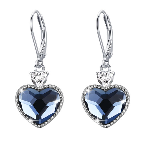 Blue Heart Earrings 925 Sterling Silver Heart Earrings for Women Crystal Heart Dangle Birthstone Leverback Earrings for Women Girls Birthday Gifts