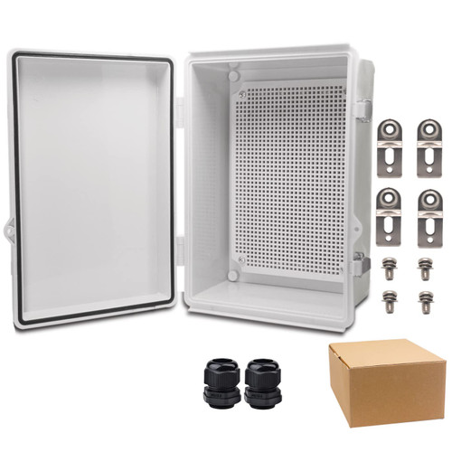 YETLEBOX Waterproof Electrical Box with Mounting Plate 280x190x130mm, IP67 Junction Box Stainless Steel Latch Hinged Grey Cover Project Enclosure with Wall Bracket and 2 Glands 11.1"x7.5"x5.1"
