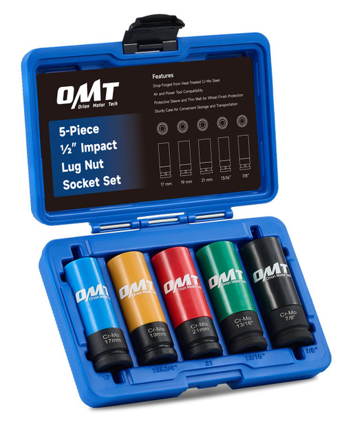 OMT 1/2" Drive Lug Nut Socket Set, Metric 17 19 21 mm & SAE 13/16 7/8 in. Wheel Socket Set, 5pc Impact Lug Nut Socket Set, Thin Wall Lug Nut Socket Set with Colored Protective Covers & Blue Case