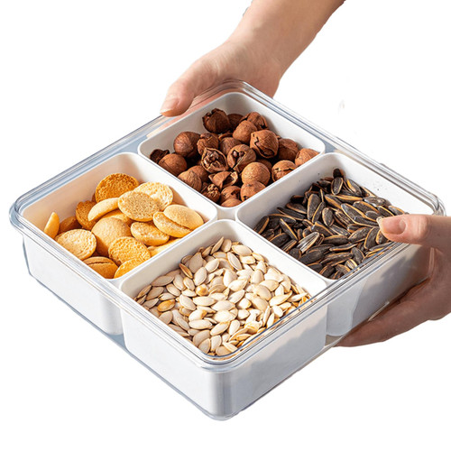 GOVNPJ 2pack divided veggie serving tray with lid, removable 4 compartments snack tray sealed sectioned fruit platter container, charcuterie container fridge organizer for meal prep fruit