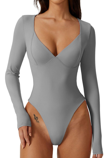 QINSEN Tummy Control Bodysuit for Women Sweetheart Neckline High Cut T Shirt Long Sleeve Tops Dark Grey S