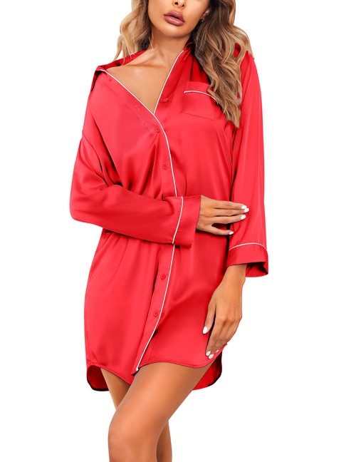 Ekouaer Womens Satin Long Sleeve Nightgown Button Down Nightshirt Sleep Shirt Silk Pajama Dress Red Medium