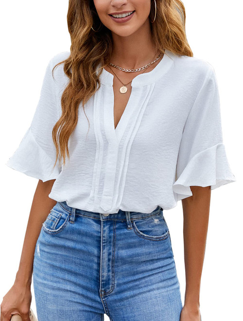 BMJL Womens White Blouses Chiffon Ruffle Short Sleeve V Neck Business Casual Tops Summer Cute Shirt White