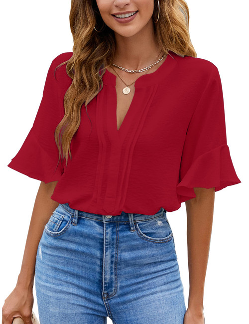 BMJL Womens White Blouses Chiffon Ruffle Short Sleeve V Neck Business Casual Tops Summer Cute Shirt Red03