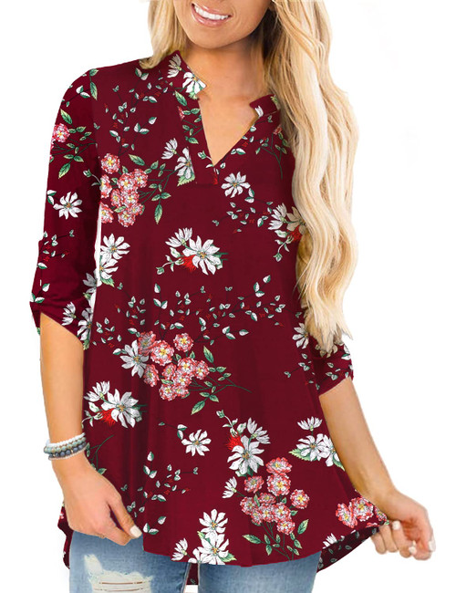 a.Jesdani Womens Summer Tops Plus Size Tops for Women V Neck Tunics 3/4 Sleeve Blouses Button Down Shirts for Women Burgundy 4X Plus