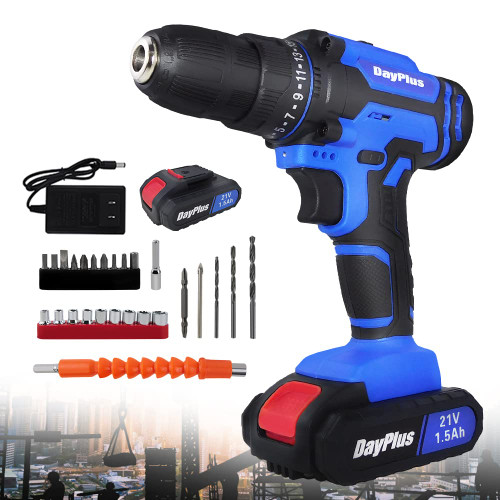 Power Drill Set 21V Cordless Drill Driver Kit with 2x Batteries and Charger, 2 Variable Speed, 3/8'' Keyless Chuck, 25+1 Torque Setting, 400 In-lb Torque, 26pcs Drill/Driver Bits