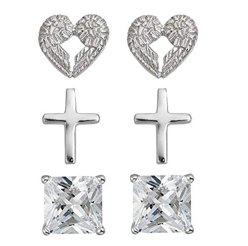 Sterling Silver Rhodium Heart Wing, Cross, 6mm AAA Square Solitaire Stud Earring Set