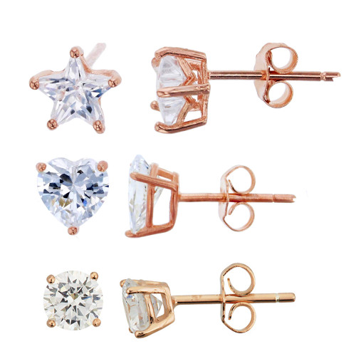 Sterling Silver Rose 6mm AAA Star, Heart & Round Solitaire Stud Set