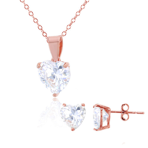 Sterling Silver Rose 8.00mm AAA Heart Solitaire 18" Necklace & Earring Set