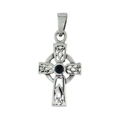 Sterling Silver Small Celtic Cross Necklace with Triquetras Black CZ, 1 1/8 inch Tall