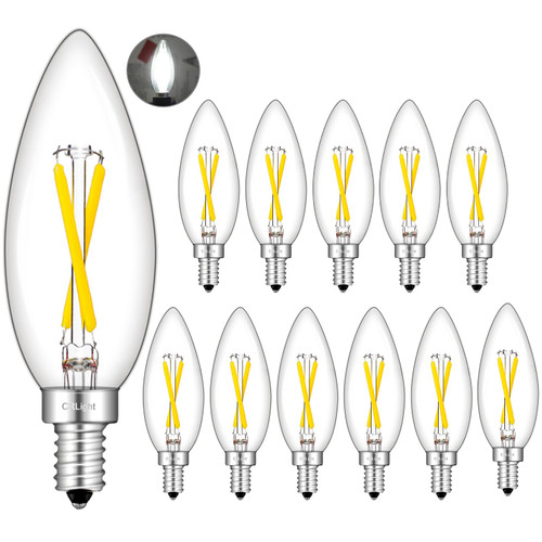 CRLight 2W 4000K LED Candelabra Bulb Daylight White 30W Equivalent 300LM, E12 Base Dimmable LED Chandelier Filament Light Bulbs, Antique Style B10 Clear Glass Candle Torpedo Tip, 12 Pack