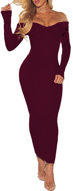 Women's Sexy Off Shoulder Long Sleeve Slim Knit Bodycon Ribbed Sweater Dress Midi Pencil Dress(Burgundy Medium)