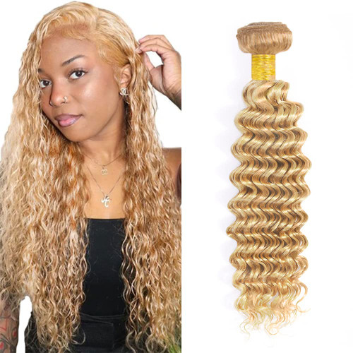 P27/613 Bundles Blonde Deep Wave Human Hair Bundles Brazilian Unprocessed Virgin Hair 1 Bundle 16 Inch Two Tone Honey Blonde Deep Wave Bundles Human Hair Extensions Color #27 Bundles
