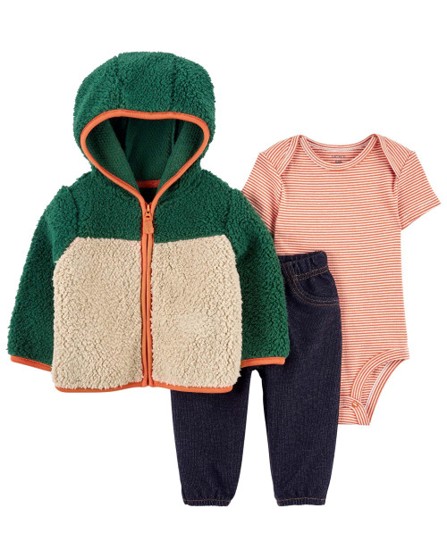 Carter's Baby Boys 3 Piece Little Jacket Set (Sherpa Green/Multi, 6 Months)