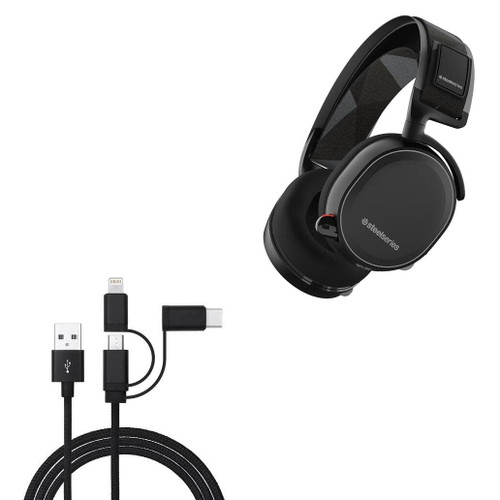 BoxWave Cable Compatible with SteelSeries Arctis 7 - AllCharge 3-in-1 Cable for SteelSeries Arctis 7 - Jet Black