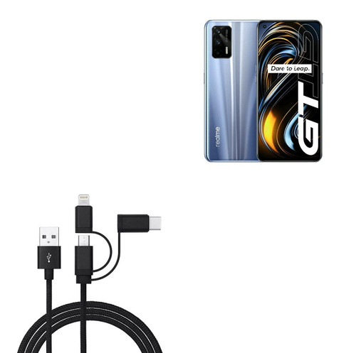 BoxWave Cable Compatible with Realme GT Neo - AllCharge 3-in-1 Cable for Realme GT Neo - Jet Black