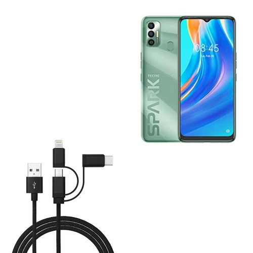 BoxWave Cable Compatible with Tecno Spark 7 - AllCharge 3-in-1 Cable for Tecno Spark 7 - Jet Black