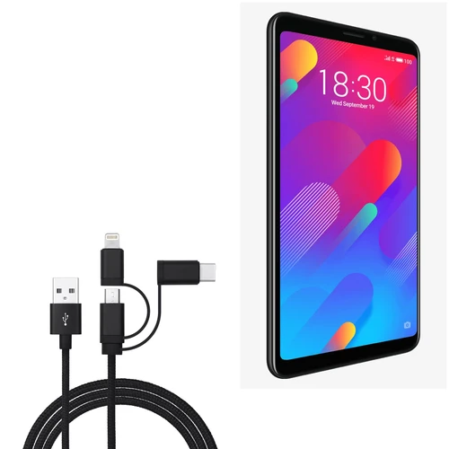 BoxWave Cable Compatible with Meizu M8 lite - AllCharge 3-in-1 Cable for Meizu M8 lite - Jet Black