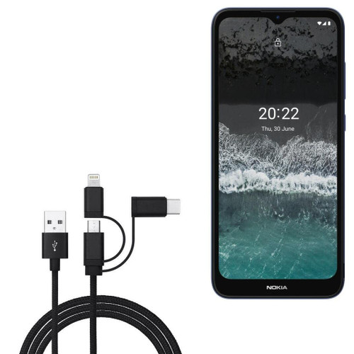 BoxWave Cable Compatible with Nokia C21 - AllCharge 3-in-1 Cable for Nokia C21 - Jet Black