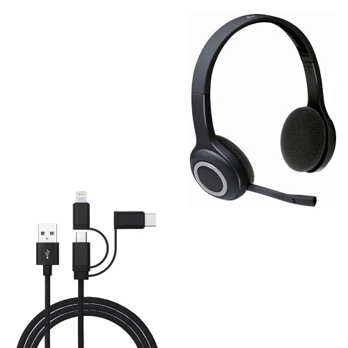 BoxWave Cable Compatible with Logitech H600 Headset - AllCharge 3-in-1 Cable for Logitech H600 Headset - Jet Black