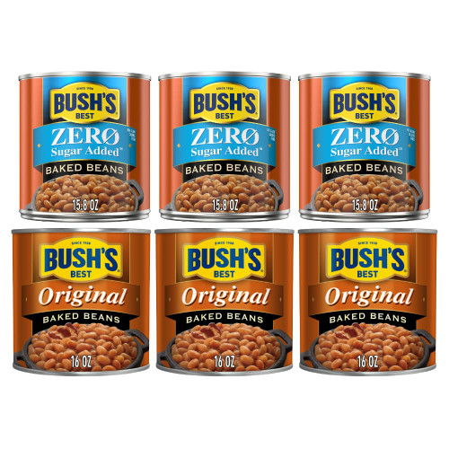 Bush's Best Baked Beans, Variety Pack, Zero Sugar Baked Beans (16oz), & Original Baked Beans (16oz) (3 of each)