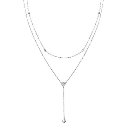 FLYOW 925 Sterling Silver Teardrop Double Layered Heart CZ Choker Y Lariat Necklace Birthday Gifts for Women