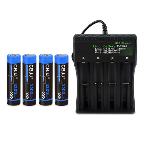 CBJJ Battery Charger Set, 3.7 Volt Rechargeable Battery 3200mAh Battery with 4 Bays Charger (4 Pack Flat Top Batteries)
