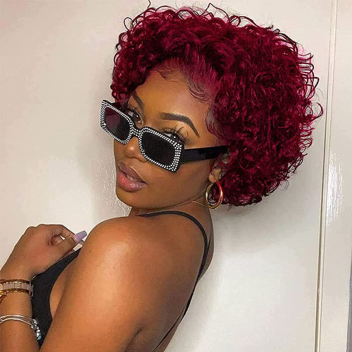 BEULADY 8 inch Burgundy Pixie Cut Wig Human Hair #99J Short Curly Bob Wigs 13x1 HD Lace Front Wigs Human Hair Pixie Cut Hair Wigs Wigs For Black Women 180% Density Pre-Plucked Bleached Knots