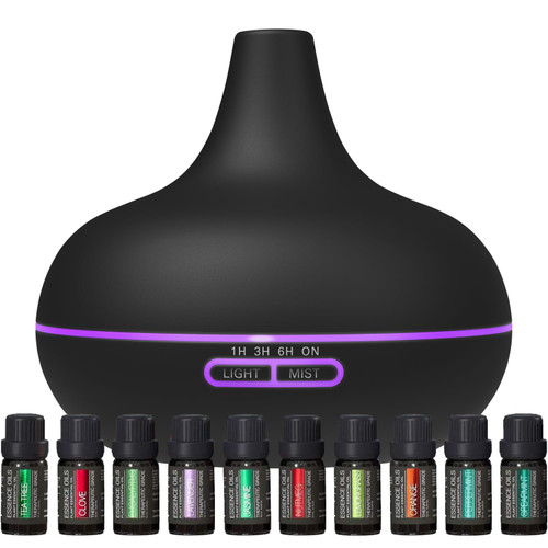 Ultimate Aromatherapy Diffuser & Essential Oil Set - Ultrasonic Diffuser & Top 10 Essential Oils - Modern Diffuser with 4 Timer & 7 Ambient Light Settings - Therapeutic Essential Oils - Matte Black