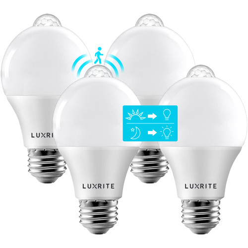 LUXRITE A19 LED Motion Sensor Light Bulbs, 60W Equivalent, Motion Activated Dusk to Dawn Sensor, 3000K Soft White, 800 Lumens, Security Light Bulb, Indoor/Outdoor, UL Listed, E26 Base (4 Pack)