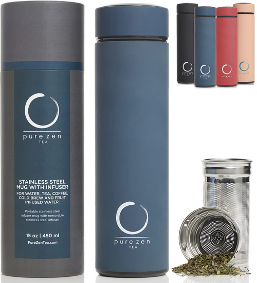 Pure Zen Tea Thermos with Infuser - Stainless Steel Insulated Tumbler for Loose Leaf Tea, Iced Coffee and Fruit-Infused Water - Leakproof - 15oz - Blue