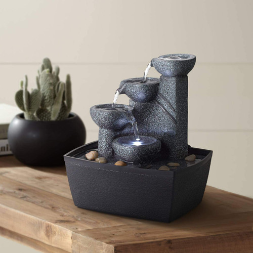Rowell Modern Small Zen Indoor Cascading Tabletop Water Fountain with LED Light Faux Stone Four 7 1/2" for Table Desk-Top Home Office Bedroom House Relaxation Living Room - John Timberland