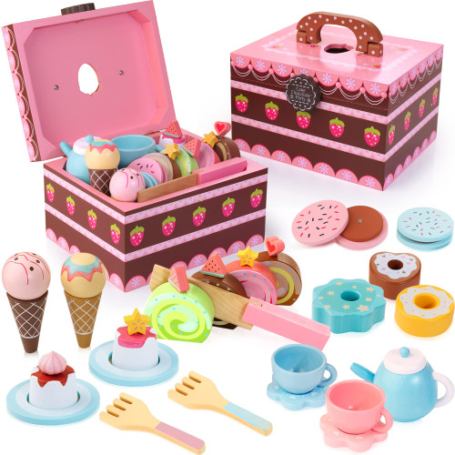 WOODMAM Wooden Tea Party Set for Little Girls, 30pcs Princess Tea Time Toys Including Dessert, Cakes, Tea Party Accessories Pretend Play Toys for Girls Boys Age 3+